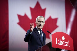 Mark Carney at Liberal flag